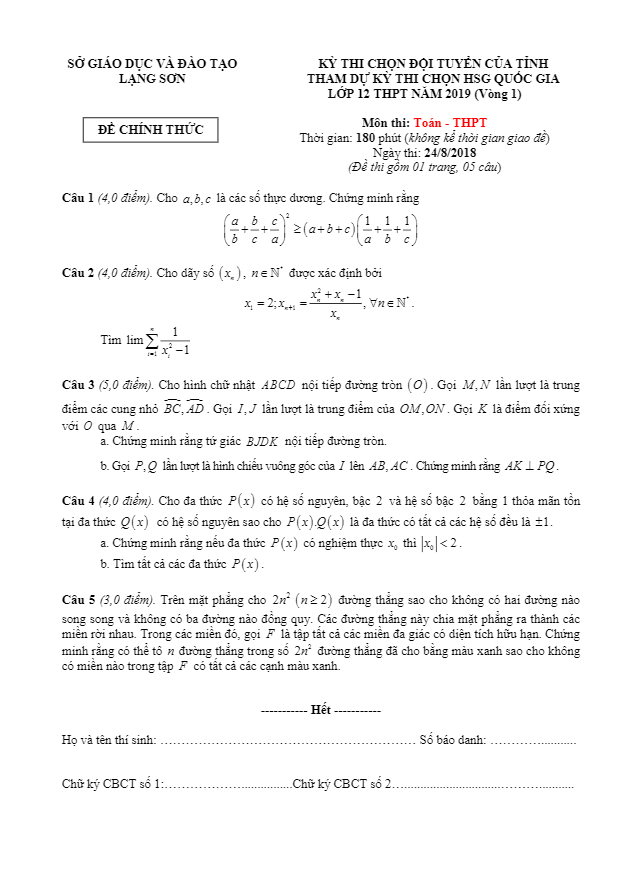 Đề thi chọn đội tuyển tham dự kỳ thi HSG Quốc gia Toán 12 năm 2019 sở GD và ĐT Lạng Sơn