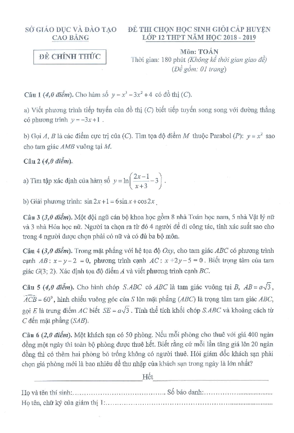 Đề thi chọn học sinh giỏi cấp huyện Toán 12 năm 2018 – 2019 sở GD và ĐT Cao Bằng
