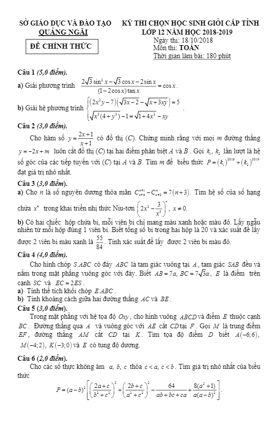 Đề thi chọn học sinh giỏi cấp tỉnh Toán 12 năm 2018 – 2019 sở GD và ĐT Quảng Ngãi