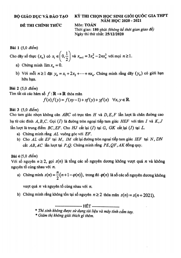 Đề thi chọn học sinh giỏi Quốc gia môn Toán năm học 2020 – 2021