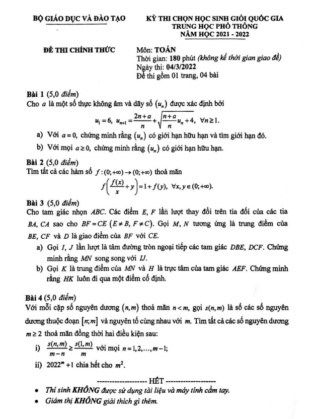 Đề thi chọn học sinh giỏi Quốc gia môn Toán THPT năm học 2021 – 2022