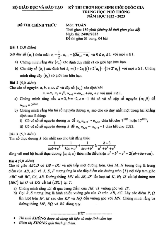 Đề thi chọn học sinh giỏi Quốc gia môn Toán THPT năm học 2022 – 2023