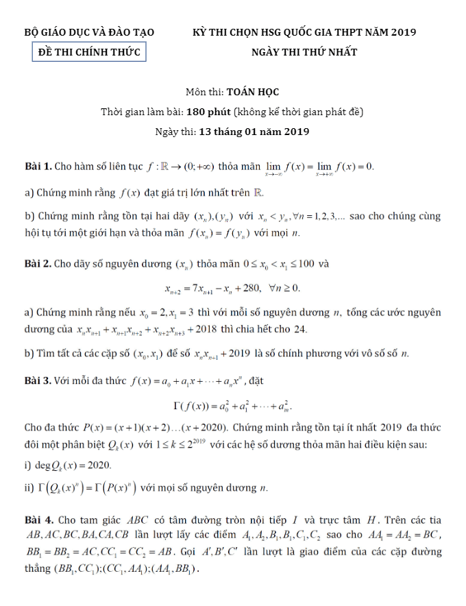 Đề thi chọn học sinh giỏi Quốc gia THPT 2019 môn Toán (ngày thi thứ nhất)