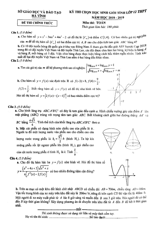 Đề thi chọn học sinh giỏi tỉnh Toán 12 năm 2018 – 2019 sở GD và ĐT Hà Tĩnh