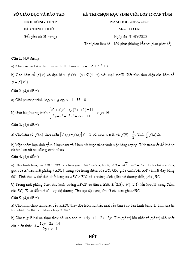 Đề thi chọn học sinh giỏi tỉnh Toán 12 năm 2019 – 2020 sở GD&ĐT Đồng Tháp