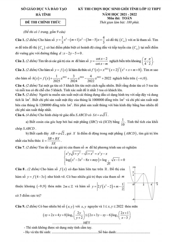 Đề thi chọn học sinh giỏi tỉnh Toán 12 năm 2021 – 2022 sở GD&ĐT Hà Tĩnh