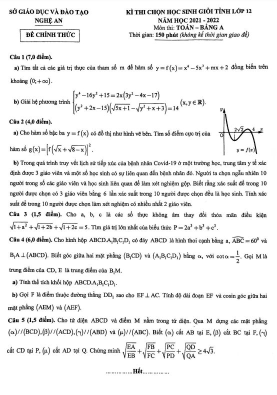 Đề thi chọn học sinh giỏi tỉnh Toán 12 năm 2021 – 2022 sở GD&ĐT Nghệ An