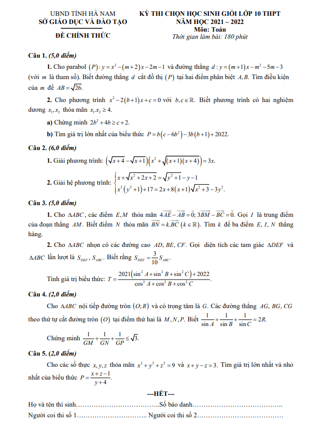 Đề thi chọn học sinh giỏi Toán 10 năm 2021 – 2022 sở GD&ĐT Hà Nam