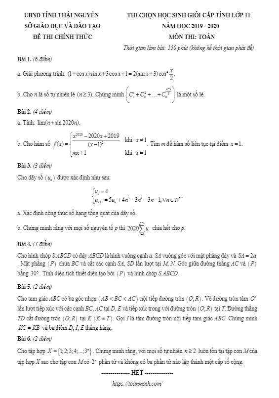 Đề thi chọn học sinh giỏi Toán 11 năm 2019 – 2020 sở GD&ĐT Thái Nguyên