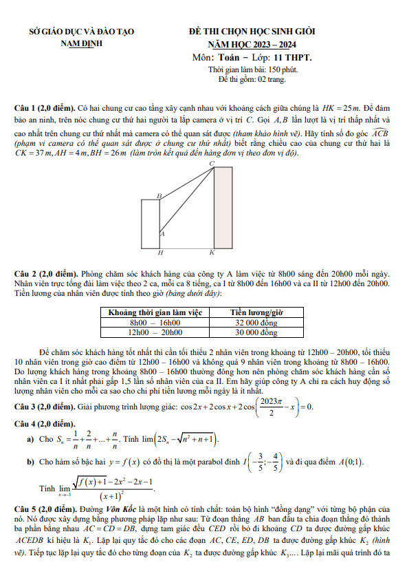 Đề thi chọn học sinh giỏi Toán 11 năm 2023 – 2024 sở GD&ĐT Nam Định