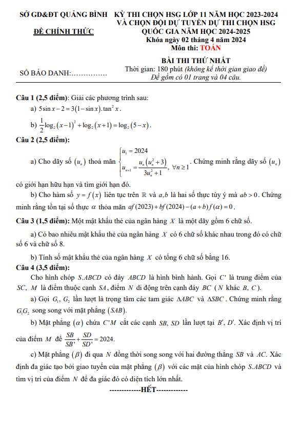 Đề thi chọn học sinh giỏi Toán 11 năm 2023 – 2024 sở GD&ĐT Quảng Bình