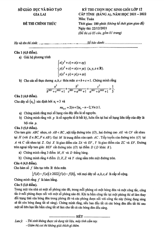 Đề thi chọn học sinh giỏi Toán 12 cấp tỉnh năm 2021 – 2022 sở GD&ĐT Gia Lai