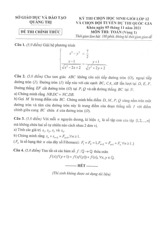 Đề thi chọn học sinh giỏi Toán 12 năm 2021 – 2022 sở GD&ĐT Quảng Trị