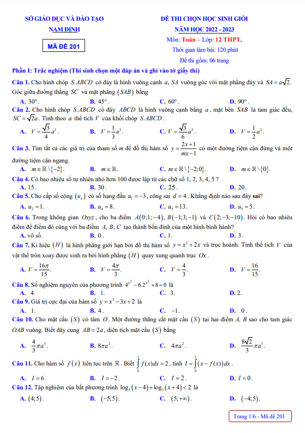 Đề thi chọn học sinh giỏi Toán 12 năm 2022 – 2023 sở GD&ĐT Nam Định