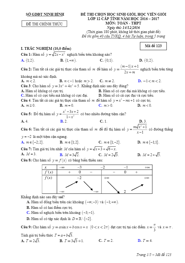 Đề thi chọn học sinh giỏi Toán 12 năm học 2016 – 2017 sở GD và ĐT Ninh Bình
