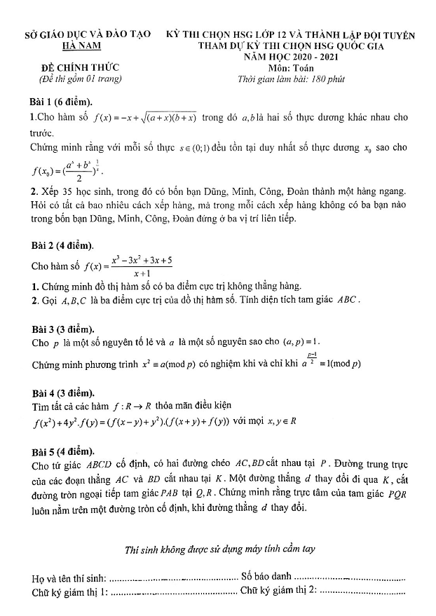 Đề thi chọn học sinh giỏi Toán 12 năm học 2020 – 2021 sở GD&ĐT Hà Nam