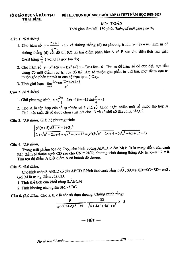 Đề thi chọn học sinh giỏi Toán 12 THPT năm 2018 – 2019 sở GD và ĐT Thái Bình