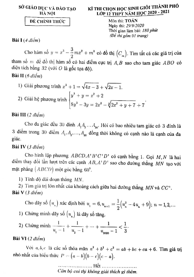 Đề thi chọn học sinh giỏi Toán 12 THPT năm 2020 – 2021 sở GD&ĐT Hà Nội
