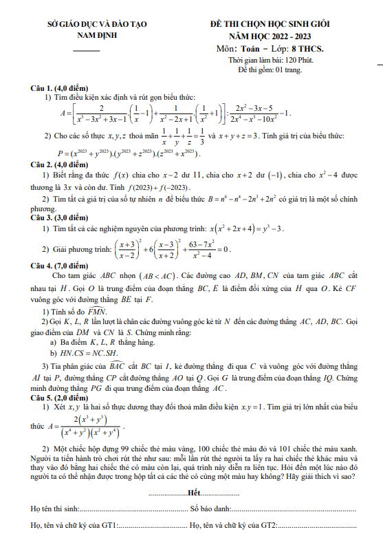 Đề thi chọn học sinh giỏi Toán 8 năm 2022 – 2023 sở GD&ĐT Nam Định