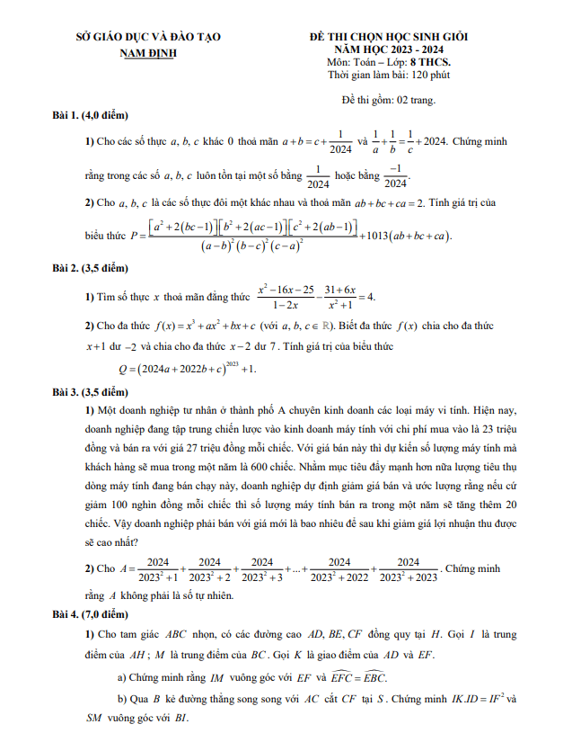 Đề thi chọn học sinh giỏi Toán 8 năm 2023 – 2024 sở GD&ĐT Nam Định