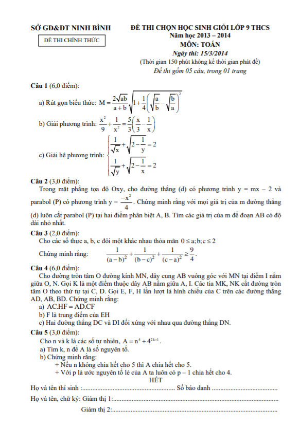 Đề thi chọn học sinh giỏi Toán 9 năm 2013 – 2014 sở GD&ĐT Ninh Bình