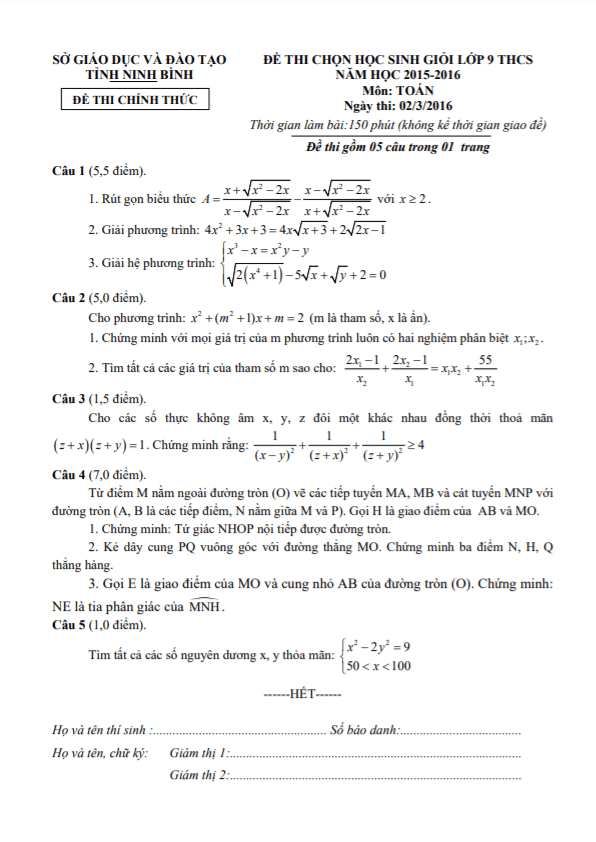 Đề thi chọn học sinh giỏi Toán 9 năm 2015 – 2016 sở GD&ĐT Ninh Bình