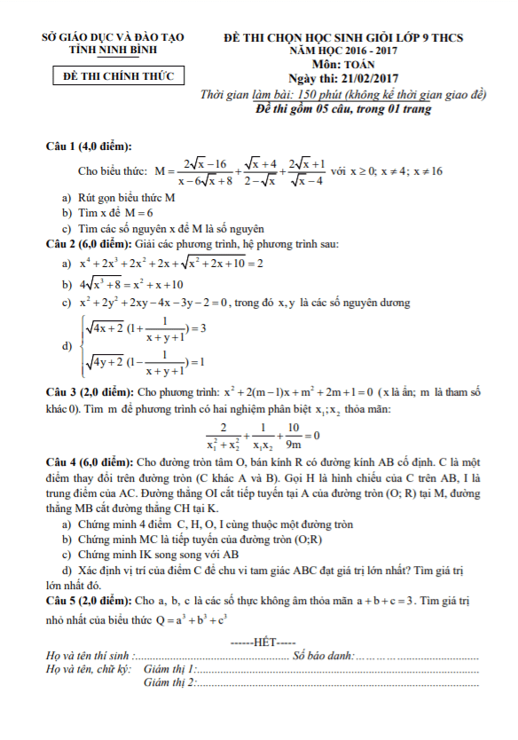 Đề thi chọn học sinh giỏi Toán 9 năm 2016 – 2017 sở GD&ĐT Ninh Bình