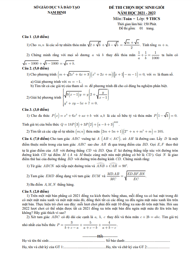 Đề thi chọn học sinh giỏi Toán 9 năm 2021 – 2022 sở GD&ĐT Nam Định