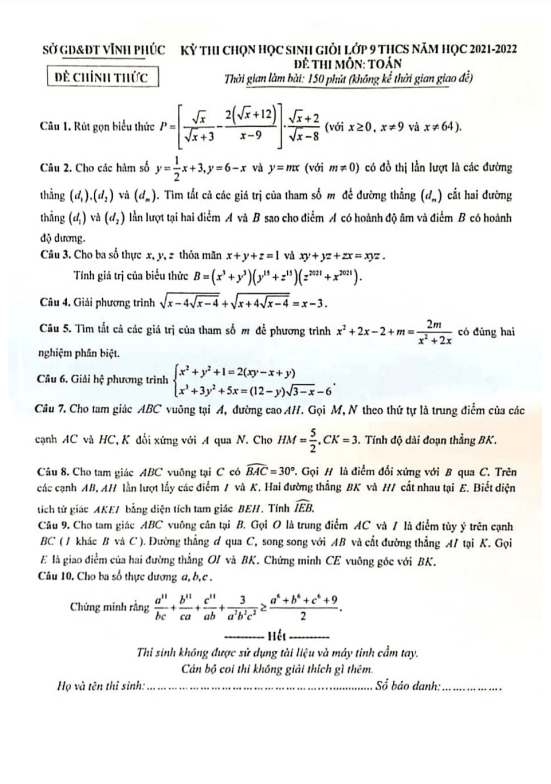 Đề thi chọn học sinh giỏi Toán 9 năm 2021 – 2022 sở GD&ĐT Vĩnh Phúc