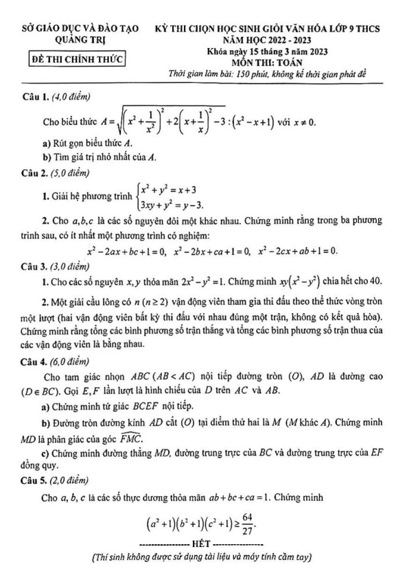 Đề thi chọn học sinh giỏi Toán 9 năm 2022 – 2023 sở GD&ĐT Quảng Trị