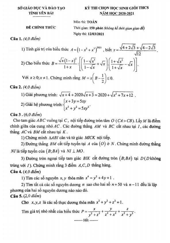 Đề thi chọn học sinh giỏi Toán THCS năm 2020 – 2021 sở GD&ĐT Yên Bái