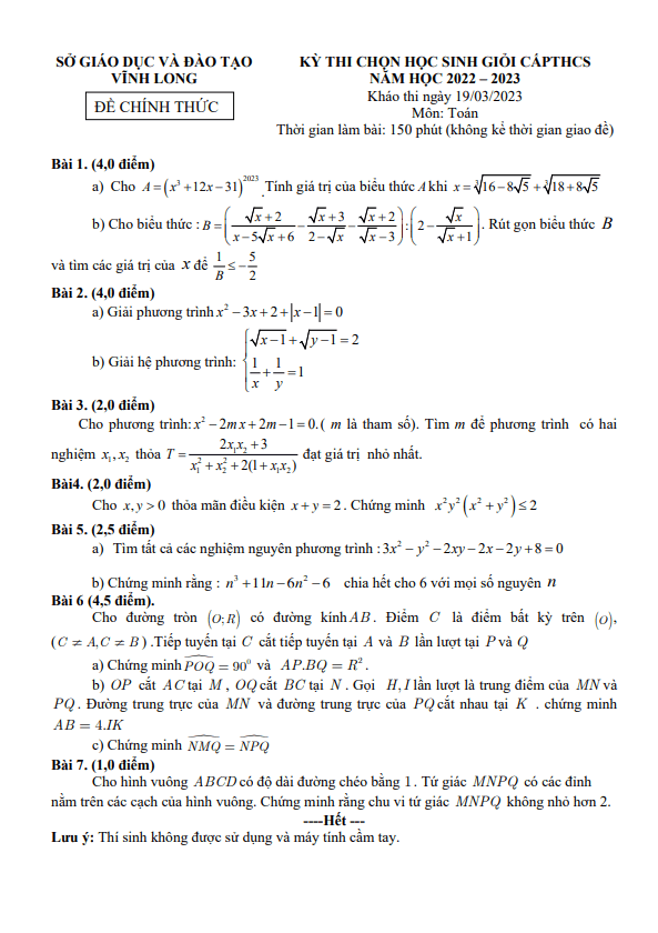 Đề thi chọn học sinh giỏi Toán THCS năm 2022 – 2023 sở GD&ĐT Vĩnh Long