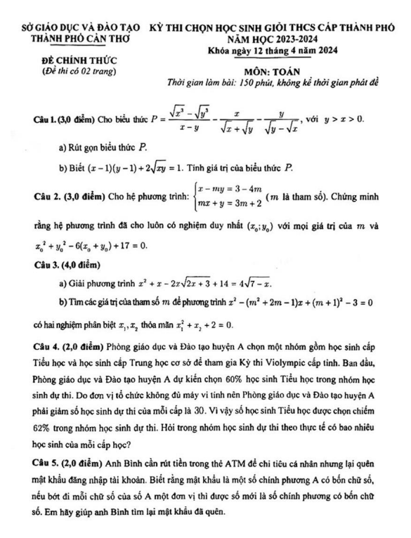 Đề thi chọn học sinh giỏi Toán THCS năm 2023 – 2024 sở GD&ĐT Cần Thơ