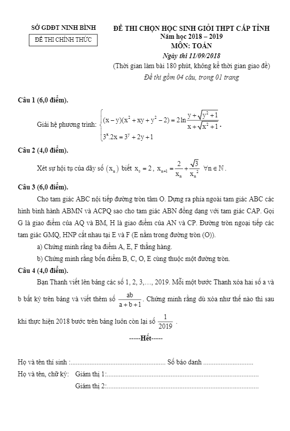 Đề thi chọn học sinh giỏi Toán THPT cấp tỉnh năm 2018 – 2019 sở GD và ĐT Ninh Bình