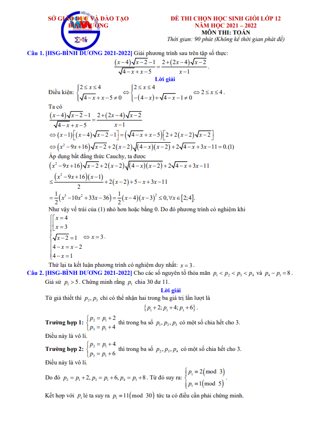 Đề thi chọn học sinh giỏi Toán THPT cấp tỉnh năm 2021 – 2022 sở GD&ĐT Bình Dương