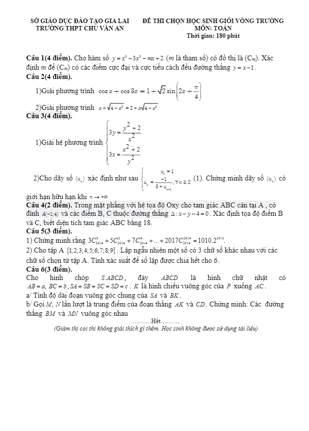 Đề thi chọn học sinh giỏi vòng trường môn Toán trường THPT Chu Văn An – Gia Lai