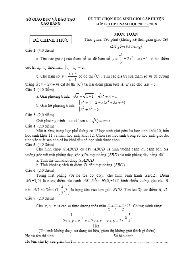 Đề thi chọn HSG cấp huyện lớp 12 THPT năm học 2017 – 2018 môn Toán sở GD và ĐT Cao Bằng
