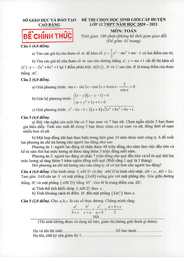 Đề thi chọn HSG cấp huyện Toán 12 năm 2020 – 2021 sở GD&ĐT Cao Bằng