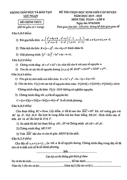 Đề thi chọn HSG cấp huyện Toán 8 năm 2019 – 2020 phòng GD&ĐT Lục Ngạn – Bắc Giang