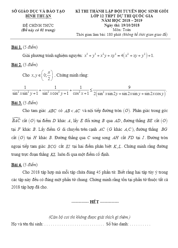 Đề thi chọn HSG cấp tỉnh Toán 12 năm 2018 – 2019 sở GD và ĐT Bình Thuận (Vòng 2)
