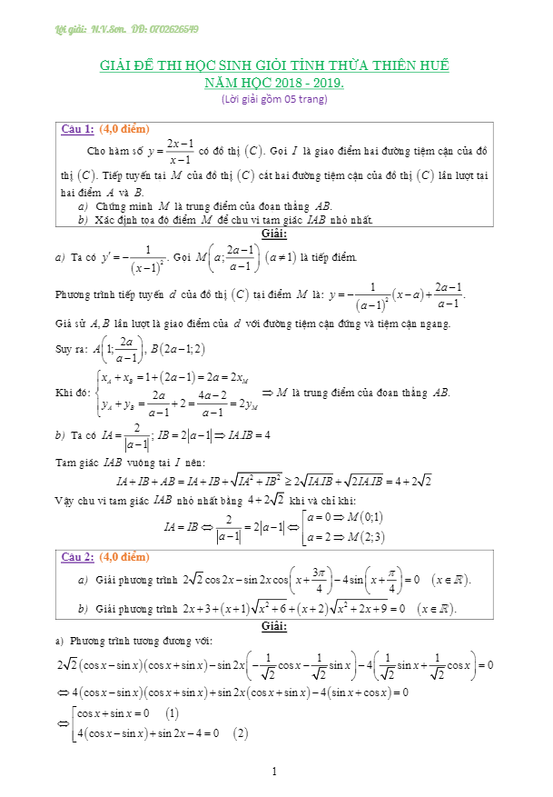 Đề thi chọn HSG cấp tỉnh Toán 12 THPT năm 2018 – 2019 sở GD và ĐT Thừa Thiên Huế