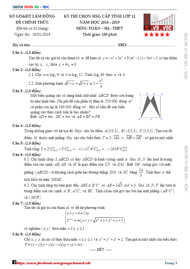 Đề thi chọn HSG cấp tỉnh Toán 12 THPT năm 2018 – 2019 sở GD&ĐT Lâm Đồng