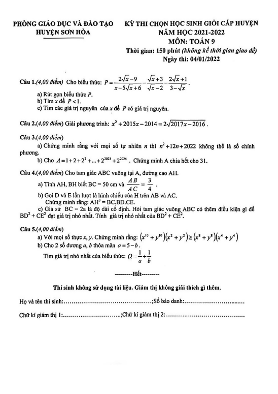 Đề thi chọn HSG huyện Toán 9 năm 2021 – 2022 phòng GD&ĐT Sơn Hòa – Phú Yên