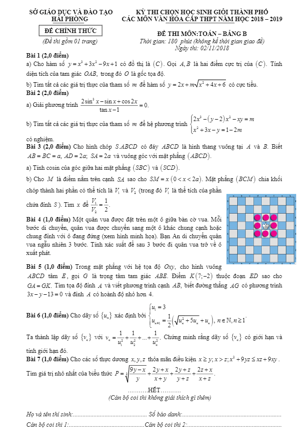 Đề thi chọn HSG thành phố môn Toán năm 2018 – 2019 sở GD và ĐT Hải Phòng