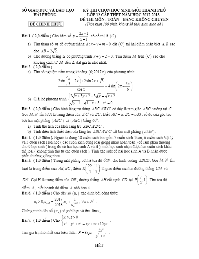 Đề thi chọn HSG thành phố Toán 12 năm học 2017 – 2018 sở GD và ĐT Hải Phòng (Không chuyên)