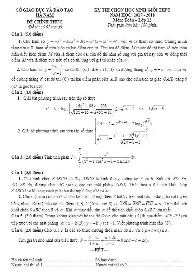 Đề thi chọn HSG THPT năm học 2017 – 2018 môn Toán 12 sở GD và ĐT Hà Nam
