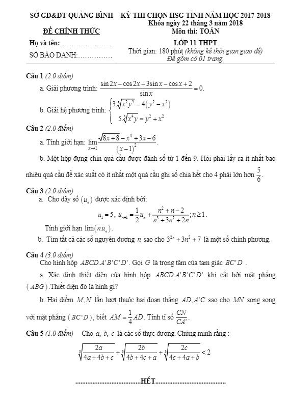 Đề thi chọn HSG tỉnh Toán 11 năm 2017 – 2018 sở GD&ĐT Quảng Bình