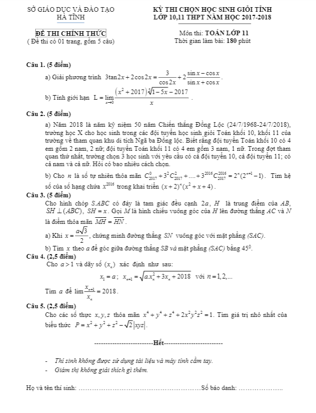 Đề thi chọn HSG tỉnh Toán 11 năm học 2017 – 2018 sở GD và ĐT Hà Tĩnh