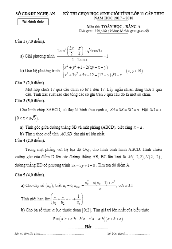 Đề thi chọn HSG tỉnh Toán 11 THPT năm 2017 – 2018 sở GD và ĐT Nghệ An (Bảng A)