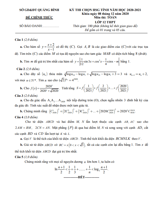 Đề thi chọn HSG tỉnh Toán 12 năm 2020 – 2021 sở GD&ĐT Quảng Bình